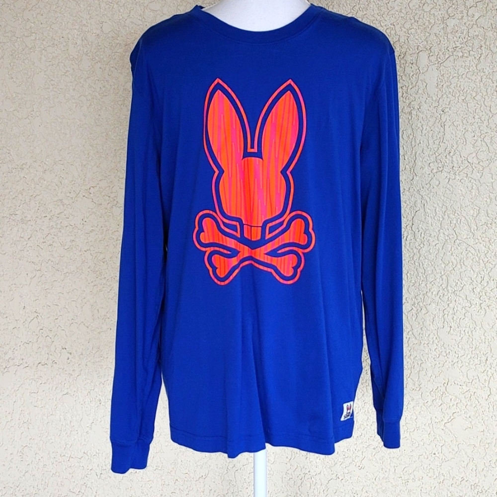 Psycho Bunny Shirt Mens Blue Orange Rabbit Logo Crewneck LS Size 5/Medium